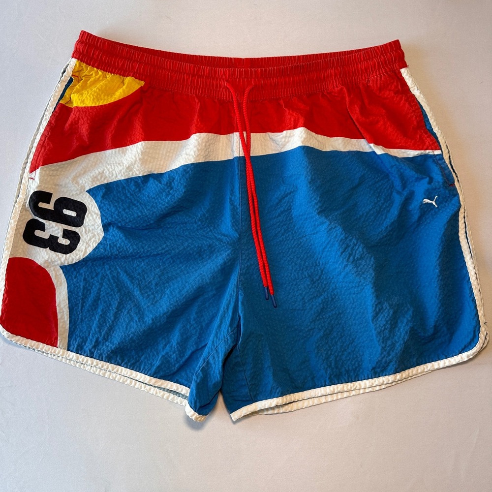BMW Puma Shorts Mens‎ XXL Blue Red Motorsport Racing Colorblock Seersucker Retro